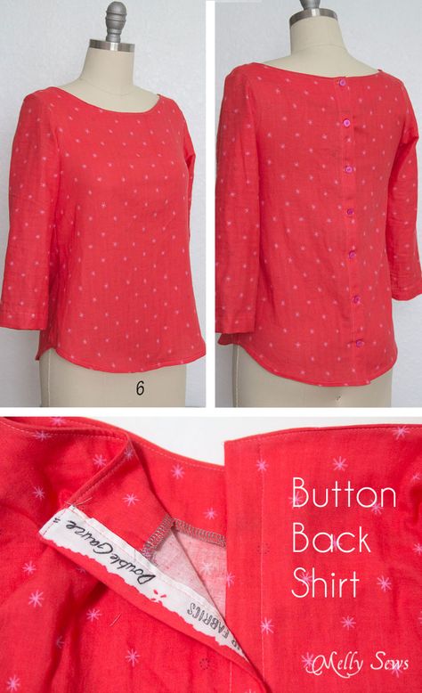 How to Make a Button Back Top - Sew a top that buttons down the back with this tutorial from Melly Sews How To Sew A Top, Sew A Top, Back Button Blouse, Boatneck Shirt, Melly Sews, Blouse Tops Designs, Sewing Blouses, Sewing Tops, Pattern Hack