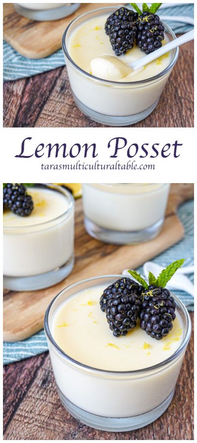 Lemon Posset in three glass cups with blackberries and fresh mint. Essen, Flan, Pie, Light Lemon Desserts Healthy, Possette Recipe, Lemon Ladyfinger Desserts, Lemon Cup Desserts, Lemon Dessert In Lemon, British Lemon Desserts