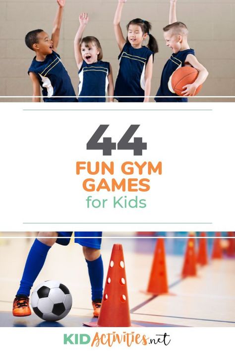 A collection of 44 fun gym games for kids. Great for filling your PE calendar. #kidactivities #kidgames #activitiesforkids #funforkids #ideasforkids Fun Gym Games, Pe Games For Kindergarten, Gym Class Games, Kids Gym Games, Gym Class Ideas, Fitness Games For Kids, Preschool Gym, Games For Kindergarten, Gym Games For Kids