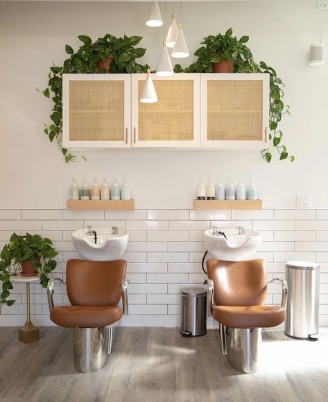 Coffee Bar In Salon, Sage Green Hair Salon, Personal Salon Studio, Eco Friendly Salon, Boho Salon Station Ideas, Boho Shampoo Area, Cottage Core Hair Salon, Small Boho Salon Ideas, Boho Salon Names