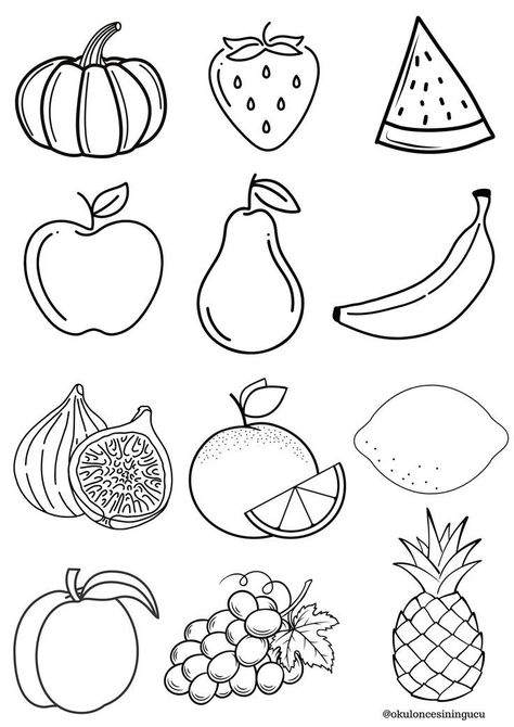 Sketch Of Fruits, Easy Fruits Drawing, Fruit And Vegetable Drawing, Fruits Art And Craft For Preschool, Fruits Drawing Easy, Fruits Sketch, Vegetables Coloring Pages, Kids Colouring Printables, Fruit Sketch