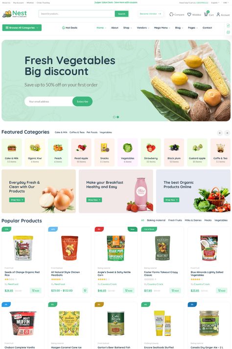 Nest is the perfect WooCommerce WordPress theme for grocery stores and businesses looking to sell food online. With its intuitive user interface and high converting design, Nest is the perfect choice for businesses looking to expand their online presence. This theme includes a variety of features to help you customize and tailor your online store, such as a drag-and-drop page builder and customizable widgets. Grocery Store Website Design, Organic Food Website Design, Grocery Website Design, Woocommerce Website Design, Online Food Business Ideas, Food Store Design, Food Website Design Inspiration, Grocery Store Website, Online Store Web Design