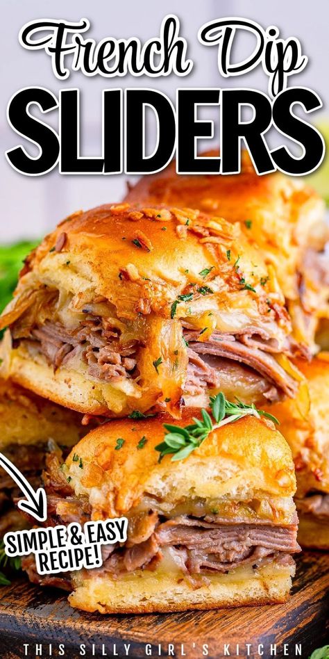 Flavorful and fun, these French Dip sliders from This Silly Girl's Kitchen are an easy appetizer, lunch or dinner time meal that the whole family will enjoy. Easy ingredients help this come together and make them irresistible. If you are a fan of regular French Dip sandwiches you are going to go crazy over these French Dip sliders. Your favorite sandwich but in mini hand-held form. Essen, Classic Sandwiches, French Dip Sliders, Sliders Recipes Hawaiian Rolls, Easy Slider Recipes, French Dip Sandwiches, Dip Sandwiches, French Dip Sandwich, French Dip