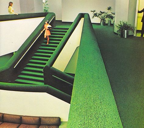 Green Carpet Stairs, Groovy Architecture, 80s Carpet, 70s Groovy Art, Carpeted Office, Green Staircase, 1970s Interior Design, Art Deco Carpet, 70s Green