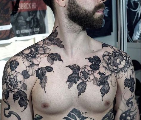 Man Floral Tattoo, Men Floral Tattoo Sleeve, Masculine Flower Tattoo For Men, Carnation Tattoo Men, Botanical Chest Tattoo Men, Floral Chest Tattoo Men, Male Sternum Tattoo, Big Shoulder Tattoo, Men Floral Tattoo