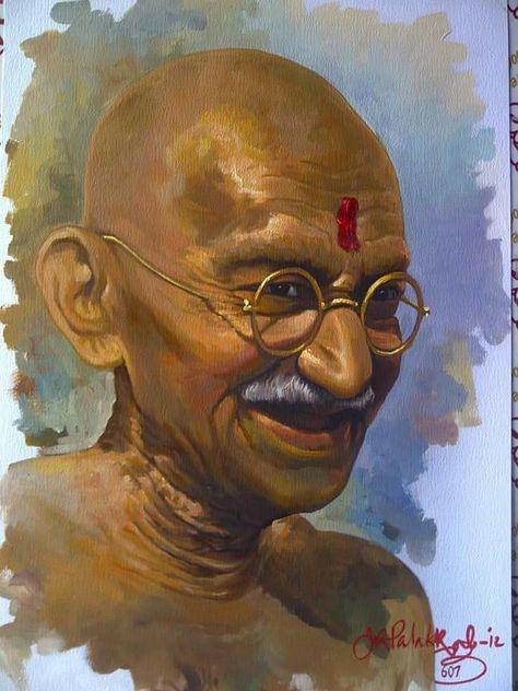 Gandhi Ji Drawing, Competition Painting, Mk Gandhi, Gandhi Ji, School Works, Colorful Animal Paintings, Ganesh Art Paintings, 3d Wall Painting, Gandhi Jayanti