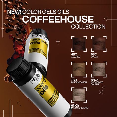 Coffee is a big part of everyday life. From morning habits to design choices, coffee tends to be at the center of it all. Which is why it was only natural that coffee would inspire the latest Redken Color Gels Oils shades. Meet the new Coffeehouse Collection, ready to achieve 100% gray coverege, 78% more shine and 30% more condition. Redken Color Gels, Chocolate Souffle, Redken Color, Coffee Run, September 1st, Morning Habits, Which One Are You, Coffee House, Milk Chocolate