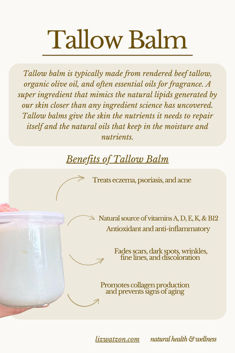 Unlock the Power of Tallow Balm! 🌿From deep hydration to soothing skin irritation #TallowBalm #NaturalSkincare #HealthySkin"  What is Tallow Balm? This image shows what tallow balm is made of and used for, along with the benefits of Tallow Balm.  I have linked a very good Tallow Balm product available for purchase, I use one that is locally home-made and this is an amazing alternative. Benefits Of Tallow, Homemade Tallow Balm, Beef Tallow Benefits For Skin, Tallow Benefits Skin Care, Lanolin Benefits, Beef Tallow Benefits, Beef Tallow For Skin, Tallow Balm Recipe, Tallow Uses