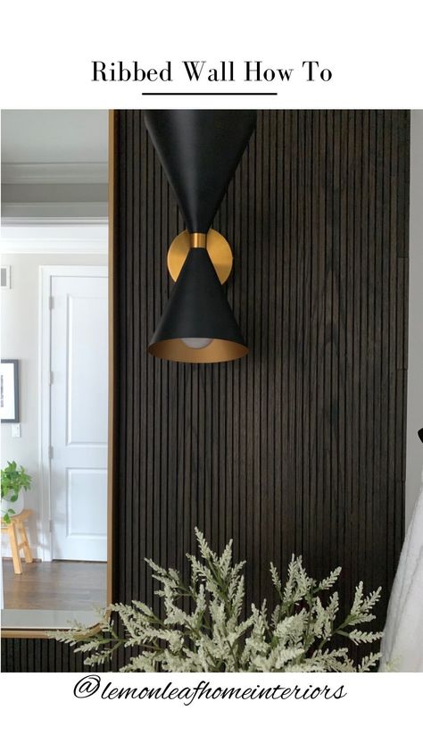 lemonleafhomeinteriors on Instagram: 🍋 Want this look…the easy way!? ⬇️ I used pole wrap to get this great ribbed detail for my powder room renovation. It’s easy to cut, paint… Stained Pole Wrap, Slat Wall Powder Room, Wall Slats Decor Bathroom, Easy Wall Treatments, Pole Wrap Wall Ideas, Pole Wrap Door, Slat Wall Hallway, Pole Wrap Wall, Painted Slat Wall