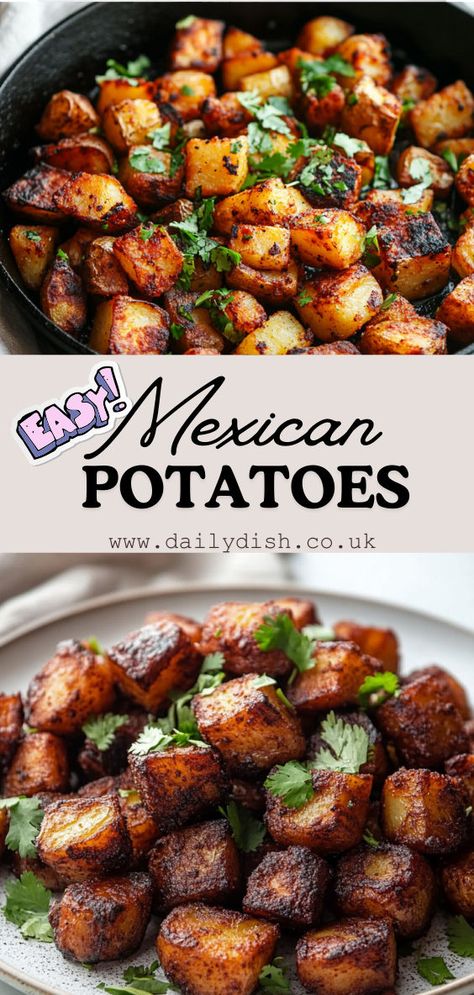 Crispy Mexican Potatoes Mexican Potatoes Recipes Side Dishes, Side Dishes Mexican Food, Mexican Side Dishes Easy Healthy, Easy Tex Mex Recipes, Non Spicy Mexican Recipes, Mexican Sweet Potato Recipes, Potato Tacos Mexican Easy, Spicy Potatoes Recipes, Carne Asada Potatoes