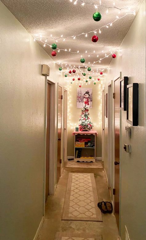 Budget Friendly Hallway Christmas Decoration Christmas Ideas For Hallways, Christmas Decorating Hallway, Christmas Lights Down Hallway, Hallway Decor Christmas, Christmas Lights Ceiling Hallway, Hallway Lights Christmas, Lights In Hallway Ceilings Christmas, Christmas Hall Decorations Hallways, Christmas Lights Hallway