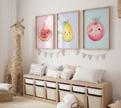 Cute Playroom Print Set of 3, Printable Wall Art, Cute Fruit theme Nursery Wall Decor, Kids room poster bundle, kawaii pastel colors prints Fruit Theme Bedroom, Fruit Nursery Theme, Fruit Bedroom, Cute Playroom, Fruit Nursery, Wall Decor Kids Room, Kids Room Poster, Fruits For Kids, Baby Nurseries