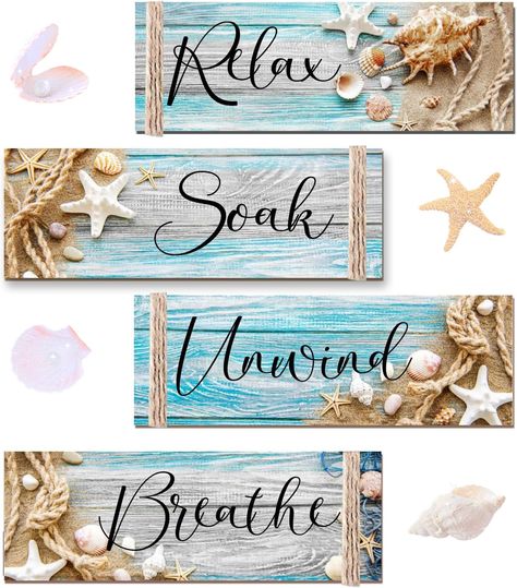 PRICES MAY VARY. 【Summer Beach Style Bathroom Decor】What you will receive are 4 pieces of bathroom wall decorations of different types + hemp rope, each small beach wall art is designed with hook on the back, which makes it easy to hang on anywhere want to add a fresh ocean breathe, delicate and rustic, enough and appropriate to be house decorations, especially helping you enjoy leisure shower time or bath time. 【Blue Ocean Bathroom Wall Decor】Our beach bathroom decors are lots of places where y Spa Washroom, Breathe Art, Ocean Bathroom, Coastal Bathroom Decor, Beach Style Bathroom, Relax Soak Unwind, Diy Beach Decor, Flat Decor, Shell Decorations