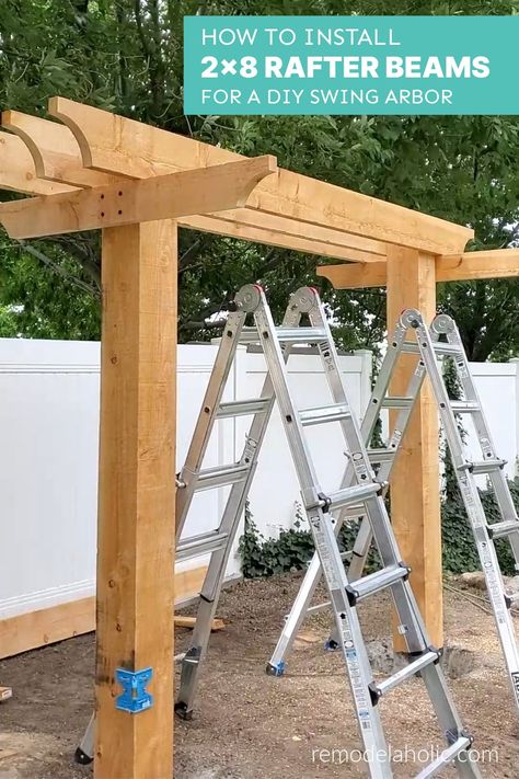 How to Install 2x8 Swing Beam Rafters for a  DIY Swing Arbor Firepit Swings Backyard, Yard Swings Diy Backyard Ideas, Outdoor Swings Ideas, Adult Swing Set Diy, Diy Swing Frame, Outdoor Swing Ideas, Arbor Diy, Diy Arbor, Diy Arbour