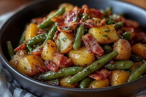 Country Ranch Green Beans and Potatoes with Bacon Recipe | CookesRecipes Country Ranch Green Beans 'n Potatoes With Bacon, Best Southern Casseroles, Green Bean And Bacon Recipes, Southern Comfort Meals, Potatoe Dishes Casseroles, Hearty Food Recipes, Country Ranch Green Beans And Potatoes, Southern Dinner Ideas, Roasted Potatoes And Vegetables