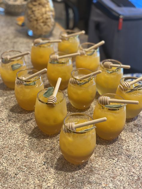 Bee Bridal Shower Theme Food, Honey On The Way, Bee Themed Event, Bee Themed Appetizers, Winnie The Pooh Mocktails, Honey Gender Reveal Ideas, Bee Themed Drinks, Sweet As Honey Baby Shower Ideas, A Little Honey Is On The Way Baby Shower Theme