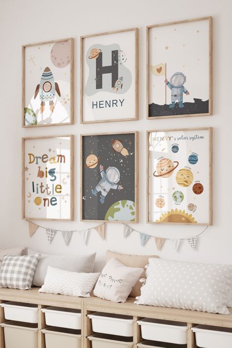 Welcome to our celestial nursery collection! Transform your little one's space into a galaxy of dreams with our Set of 6 Custom Name Space Nursery Prints.
Make your child's room uniquely theirs by adding a custom touch.Looking for a thoughtful and unique baby shower gift? Our Set of 6 Custom Name Space Nursery Prints makes for a delightful present that combines style and education, ensuring it's cherished for years to come. Nursery Styling Ideas, Planet Themed Nursery, Gender Neutral Space Nursery, Planets Nursery Theme, Space Themed Baby Room, Space Themed Nursery Boys, Astronaut Nursery Theme, Unique Baby Boy Nursery Themes, Nursery Space Theme