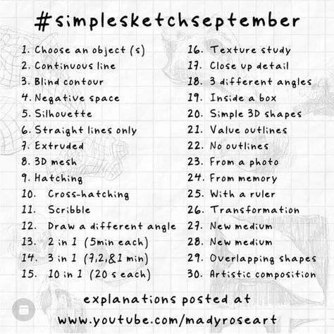 Line Art Challenge, Simple Art Prompts, Sketch Challenge For Beginners, September Drawing Challenge 2024, September Art Challenge 2024, Blob Drawing Challenge, Draw Yourself Challenge Template, Background Art Challenge, September Drawing Prompts