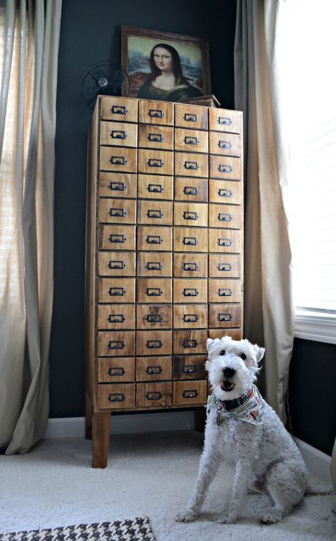 Card Catalog Cabinet for home organization Diy Card Catalog, Card Catalog Cabinet, Card Catalog, Diy Interior, Furniture Projects, Apartment Therapy, Diy Cards, Furniture Plans, New Furniture