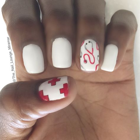 Dr. / nurse nail art design Nails Nurse Design, Nurse Nail Art Design, Nurse Design Nails, Nurse Nails Designs, Nurse Grad Nails, Nursing Graduation Nail Designs, Doctor Nails Design, Nursing Graduation Nails, Nurse Graduation Nails