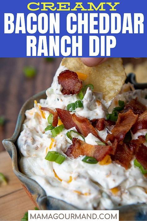 Easy Creamy Bacon Dip recipe combines crispy bacon, sour cream, cream cheese, cheddar cheese, and Hidden Valley Ranch Dressing mix for a quick cheesy appetizer! Serve bacon cheddar ranch dip hot or cold for a game day or holiday dip. #bacondip #cold #hot #creamcheese #easy Bacon Cheddar Ranch Dip, Cheddar Ranch Dip, Bacon Dip Recipes, Cheesy Bacon Dip, Bacon Ranch Dip, Bacon Cheese Dips, Quick Appetizer, Cheesy Appetizer, Bacon Dip