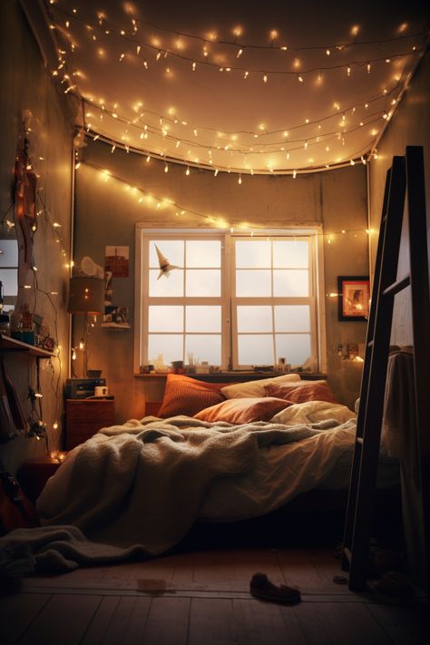 String lights bring a touch of magic to your bedroom, creating a warm and inviting ambiance. Bedroom Aesthetic Apartment, House Aesthetic Cozy, Tall Ceilings Bedroom, Twinkle Lights Bedroom, Bedroom Ideas For Couples Romantic, Romantic Bedroom Lighting, Bohemian Room Decor, String Lights In The Bedroom, Earthy Bedroom