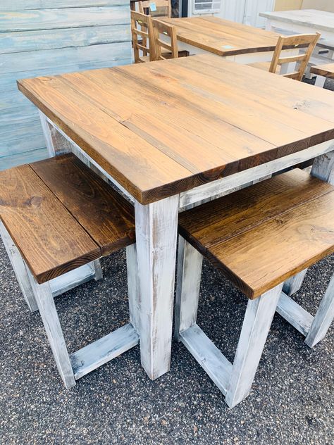 Counter Height Rustic Farmhouse Table with Stools, High Top table with Tall Seating Provincial Top and White Distressed Base, Dining Set Rustic Kitchen Table, Table With Stools, Dapur Rustic, High Top Table, Top Kitchen Table, Farmhouse Table Setting, Rustic Kitchen Tables, Wooden Kitchen Table, Kitchen Bar Table