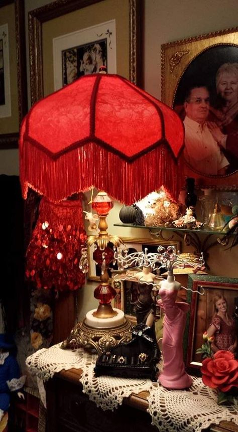 Vintage Fringe Lamp, Red Lampshade, Fringe Lamp, Moody Interior Design, Red Lamp Shade, Hangout Room, Victorian Lamps, Moody Interiors, Victorian Lampshades