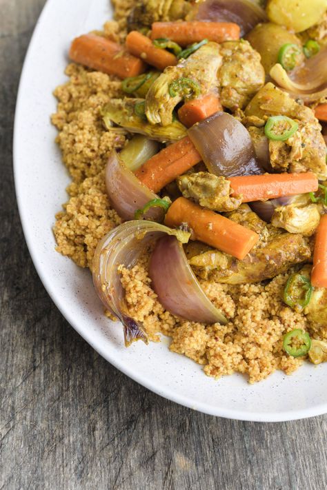 North African Couscous Recipes, Tunisian Couscous Recipe, Chicken Couscous Recipes, Milkstreet Recipes, North African Chicken, Tunisian Couscous, African Dinner, African Meals, African Chicken