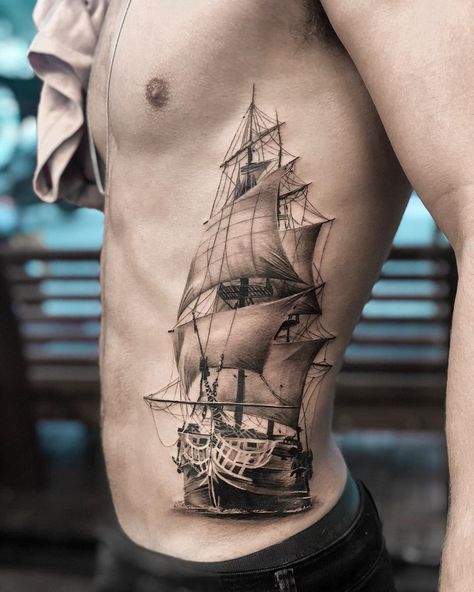 Pirate Boat Tattoo, Viking Ship Tattoo, Ship Tattoo Sleeves, Pirate Ship Tattoos, Nautical Tattoo Sleeve, Pirate Ship Tattoo, Tatoo 3d, Beauty And The Beast Tattoo, Sailboat Tattoo