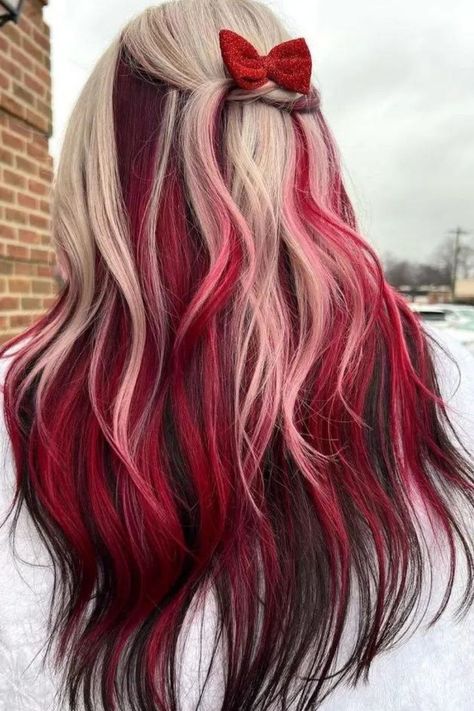 Red & Blonde Balayage, Unique Hair Ideas Color, Bright Hair Color Ideas For Blondes, Avant Garde Hair Color, Pretty Hair Dye Ideas, Hair Color Ideas For Braids, Bright Color Hair Ideas, Fun Natural Hair Color Ideas, Trendy Hair Dye Ideas