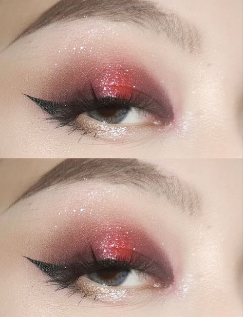 Red Make Up Looks For Prom, Red Eyeliner Looks Hooded Eyes, Red Hoco Makeup Looks, Eyeshadow Red Looks, Red Concert Makeup, Red Sparkly Makeup, Red Makeup Prom, Cute Red Makeup Looks, Dark Red And Black Eye Makeup