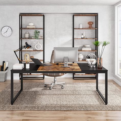 Tribesigns 70.8 Inch Modern Executive Desk, Large Workstation Office Computer Table, Modern Simple Business Study Writing Desk Furniture for Home Office, Black and Brown Business Study, Black Desk Office, Contemporary Office Space, Modern Executive Desk, Desk Large, Home Office Black, Study Writing, Modern Office Decor, Office Black