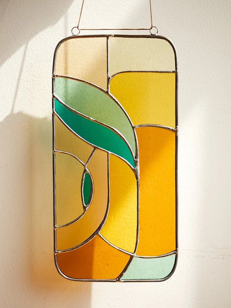 Retro Stained Glass Window Hangings 11x5 Inch, Modern Suncatcher, Glass Wall Hanging - Etsy Modern Stainglass Windows, Stained Glass Art Modern, Stained Glass Hanging Art, Window Stained Glass Diy, Stained Glass Wall Hanging, Stained Glass Living Room, Stained Glass Panels Ideas, Stained Glass Mid Century Modern, Stained Glass Rectangle