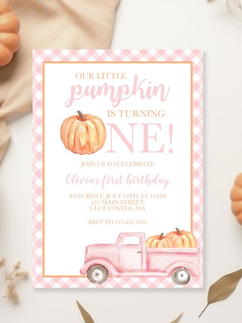 Little Pumpkin Pastel pink truck first birthday Invitation Our little pumpkin birthday invite with watercolor pumpkin and pastel pink plaid. Fall first birthday theme #birthday #happybirthday #birthdaycards #birthdayparty #firstbirthday #halloween #pumpkin #fallvibes #spooky Pastel, Pumpkins First Birthday, Fall Baby Birthday, Fall First Birthday, Fall 1st Birthdays, First Birthday Theme Girl, Baby First Birthday Themes, Pumpkin Birthday Parties, Pumpkin 1st Birthdays