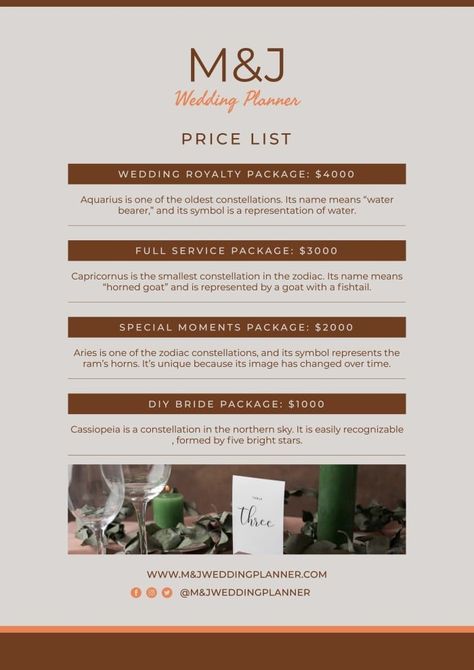 Simple Professional M&J Wedding Planners Price List Price List Design, Water Bearer, Price List Template, List Design, Brand Kit, Diy Brides, List Ideas, M J, Desert Wedding