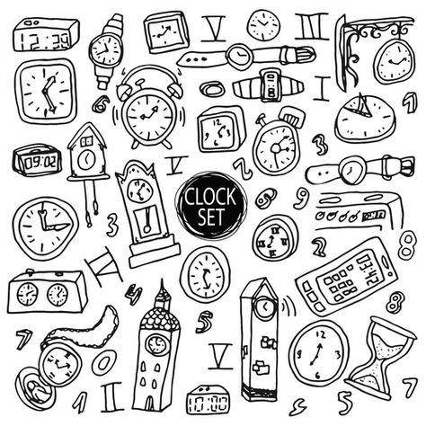 Doodle watch clock icons hand drawn time Vector Image Cute History Doodles, Cute Clock Drawing, Time Drawing Clock, Alarm Drawing, Clock Drawing Simple, Doodle Watch, Clock Doodle, Time Doodle, Icons Hand Drawn