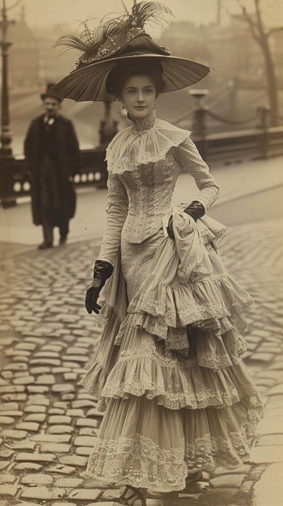 This photograph captures the essence of a bygone era, featuring a lady dressed in a splendid vintage gown taking a stroll along a cobblestone street. Adorned with intricate ruffles and layered fabric, the dress exemplifies the exquisite fashion sensibilities of the time. A wide-brimmed hat decorated with feathers adds a touch of aristocracy to her ensemble, while her gloved hands and poised demeanor suggest a world where elegance and decorum reigned supreme. Behind her, the hint of a cityscape a