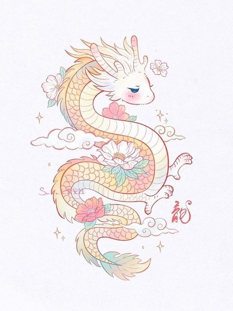 Cute Chibi Tattoos, Kawaii Dragon Tattoo, Cute Dragon Doodle, Cute Dragon Drawing Kawaii, Cute Animal Chibi, Cute Dragon Illustration, Dragon Drawing Sketches, Cute Chinese Dragon, Easy Stuff To Draw