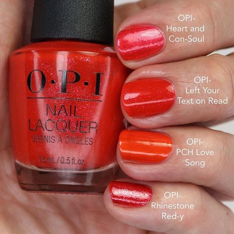 Laurie on Instagram: "Here are my comparisons for {Left Your Texts On Red} from the ✨new✨ @opi Me, Myself & OPI Spring 2023 Collection! My full review with live swatches and comparisons is up on my YouTube channel. Link in my bio. Polishes are available now @beyondpolish. Use my code GOLAURIE10 a discount😀. Link to shop in my bio as well. #leftyourtextsonred #opileftyourtextsonread #redshimmer #redpolish #leftyourtextsonreadcomps #gopolishedcomps . . #nails #nailpolish #polishwithbeyond #nailso Opi Left Your Text On Red, Opi Spring 2023 Collection, Opi Spring 2023, Opi Red, Opi Colors, Opi Nail Colors, Natural Beauty Treatments, Red Polish, Nails Nailpolish