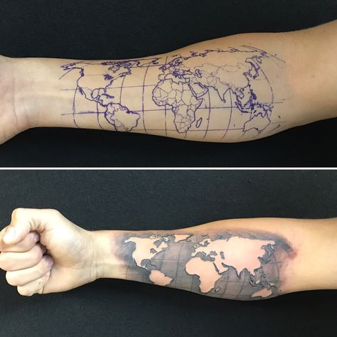 World Map Tattoo Inner Arm, Map Tattoos Men, World Map Tattoo Sleeve, World Tattoo Men, World Map Tattoo Men, The World Tattoo, World Map Tattoo Design, Map Tattoo Design, Geography Tattoo