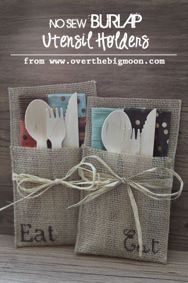 No Sew Burlap Utensil Holders {using the Silhouette to create the stencil} + How to Host an Autumn Market Party Part 4 | Over The Big Moon Sides Crockpot, Utensils Holder Diy, Burlap Silverware Holder, Crockpot Stuffing, Autumn Market, Diy Utensils, Utensil Holders, Burlap Projects, Silverware Holder