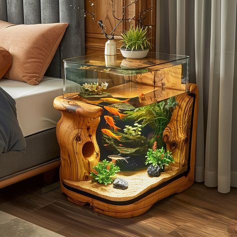 Wooden Aquarium Bedside Tables That Bring Serenity to Your Bedroom Table Aquarium Ideas, Wooden Table Lamps For Bedroom, Fish Tank Table Ideas, Fish Tank Themes Creative, Coffee Table Aquarium, Cute Fish Tank Ideas, Aquarium Bed, Fish Tank Home, Fish Tank Table