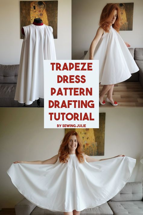 Learn how to draft your own pattern for this Trapeze dress. There are written instructions and a video tutorial on the blog! Trapeze Dress Pattern, Tent Dresses Pattern, I Am The Creator, Pattern Drafting Tutorials, Dress Patterns Diy, Girl Dress Patterns, Dress Tutorials, Trapeze Dress, Diy Sewing Clothes