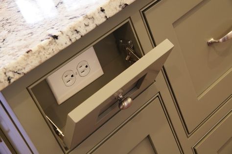 Bathroom Cabinet Electrical Outlet, Hidden Light Switch Ideas, Waterfall Island Kitchen Outlet, Waterfall Island Power Outlet, Plugs Under Kitchen Cabinets, Island Outlet Placement, Hidden Kitchen Plugs, Hiding Kitchen Outlets, Outlets In Pantry