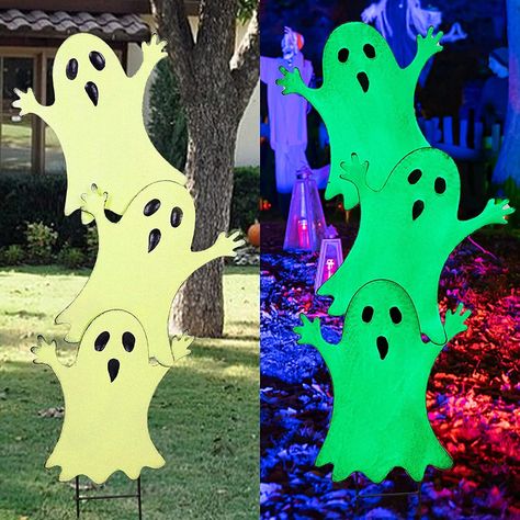 PRICES MAY VARY. PREMIUM QUALITY: Made of premium metal material, Lulu Home Halloween yard decor is coated with a layer of colorful paint, sturdy, rustproof and weatherproof. Ideal to be placed outdoors. ADORABLE HALLOWEEN YARD DECOR: Lulu Home metal yard stake is designed in the shape of three stacked ghost in a heap, the classic Halloween character and elements, which are waving their hands and trying to scare you, very lovely and interesting. GLOW IN THE DARK: Lulu Home ghost metal stake wear Halloween Garden Decorations, Halloween Blow Ups, Outside Halloween Decorations, Halloween Yard Signs, Outdoor Fall Decor Ideas, Halloween Lawn, Halloween String Lights, Front Yard Decor, Halloween Skeleton Decorations