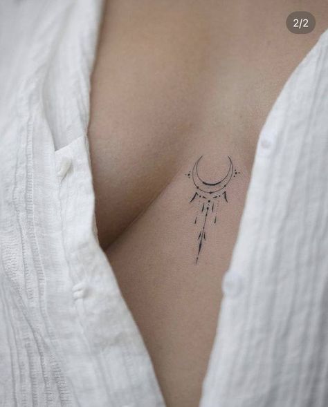 Tattoo Between Boop Simple, Tiny Sternum Tattoo Women, Around Belly Button Tattoos For Women, Sternum Moon Tattoo, Minimalist Sternum Tattoo Women, Women’s Sternum Tattoo, Tattoo Between Breast Simple, Moon Chest Tattoo Female, Rising Woman Tattoo