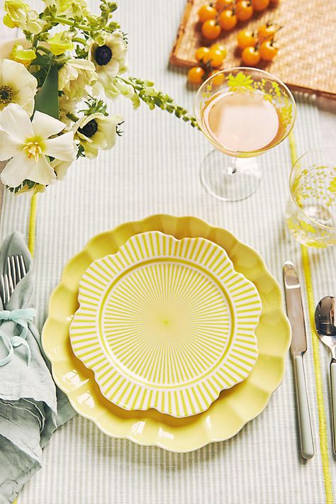 This modern flatware set features a resin handle for a comfortable hold and stunning addition to any tablescape. | Fantasia Flatware 5-Piece Place Setting by Mepra in Grey, Size: Small at Anthropologie Yellow Dinner, Brunch Table Setting, Yellow Glasses, Brunch Table, Yellow Plates, Spring Brunch, Wedding Place Settings, Green Bowl, Reactive Glaze