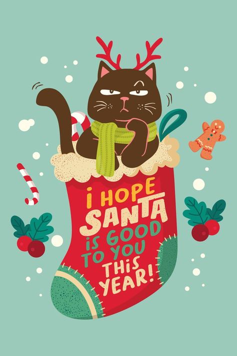 I hope Santa is good to you this year! - Christmas day - Cat Lover Xmas Prints, Christmas Illustration Design, Cat Pattern Wallpaper, Christmas Critters, Santa Cat, Christmas Illustrations, Christmas Window Decorations, Holiday Design Card, Christmas Central