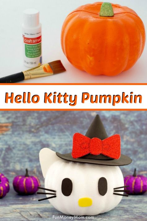 Hello Kitty Pumpkin - Looking for cute no carve pumpkin ideas? The kids will love making this fun Hello Kitty Pumpkin! It's easy to make and costs next to nothing to make this fun Halloween craft! #Halloweencraft #halloween #nocarvepumpkin #pumpkins #pumpkindecorating #fall #fallcraft #pumpkincraft #halloweenpumpkin Cute Pumpkin Painting Ideas, Easy Pumpkin Decorating, Book Character Pumpkins, No Carve Pumpkin, Kitty Pumpkin, Hello Kitty Pumpkin, Character Pumpkins, Halloween School Treats, Pumpkin Decorating Contest